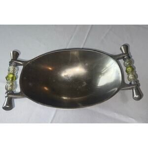Metal Serving Trinket Bowl W/ Boho Bead Handles 12.5"X7" Handcrafted In India